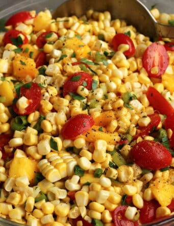Close-up of tomato and sweet corn salad