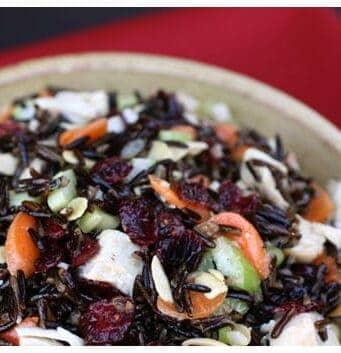 turkey, carrots, celery, cranberries, and wild rice mixed together in a bowl