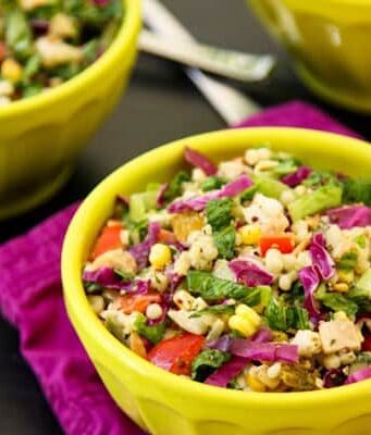 green bowls of Chicken and Couscous Salad