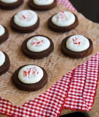 Chocolate Espresso Shortbread Bites topped with Peppermint Buttercream and crushed candy canes