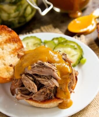 Slow Cooker Pulled Pork on a sandwich