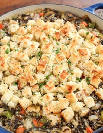 Chicken wild rice casserole topped with homemade croutons