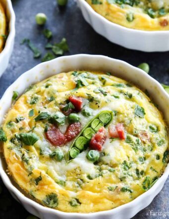 Baked Eggs with Pancetta, Provolone, and Peas