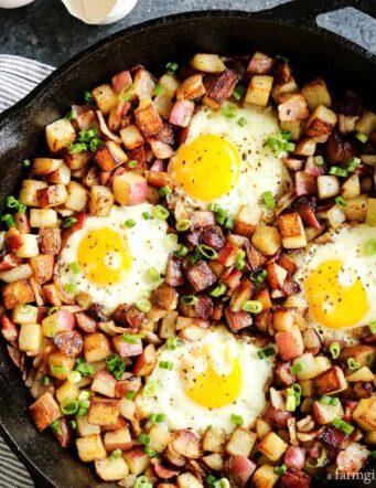 skillet of fried potatoes hash in a cast iron skillet