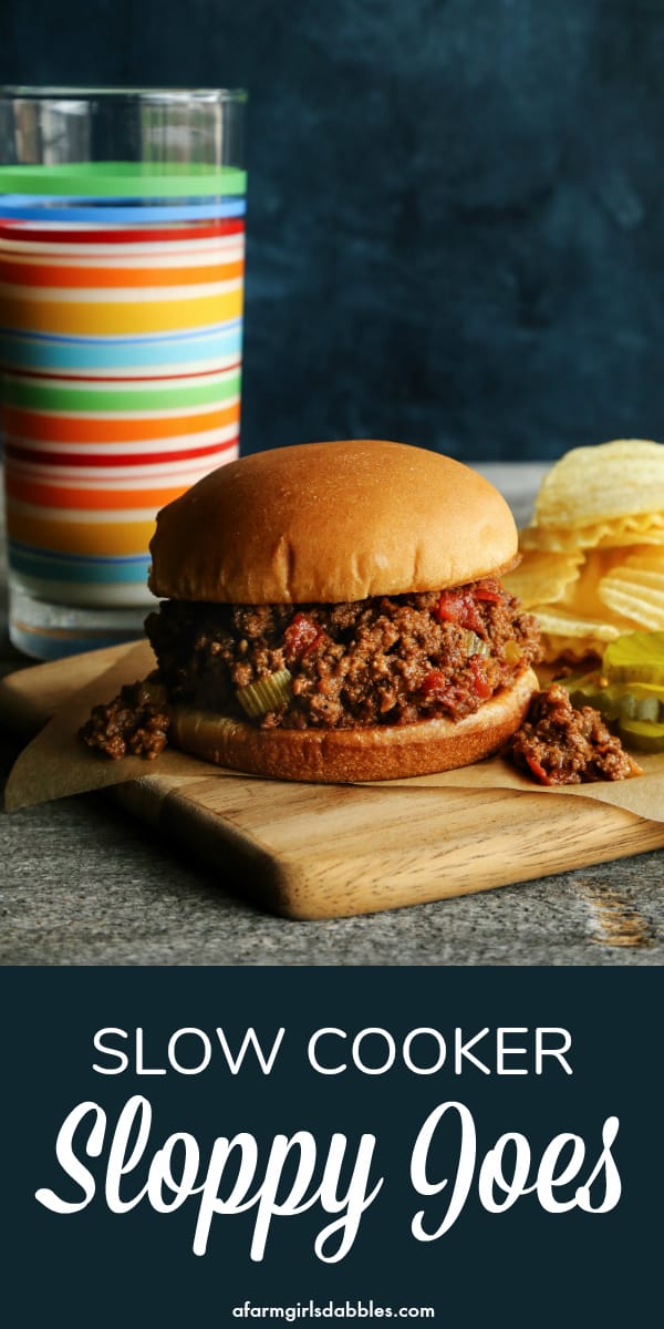 pinterest image of classic sloppy joes sandwich with a tall glass of milk