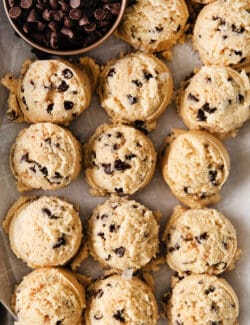 Close-ups of scoops of eggless cookie dough