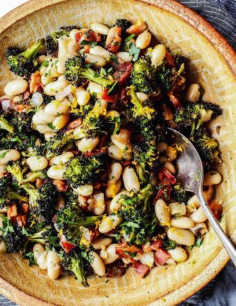 bowl of broccoli, beans, and bacon