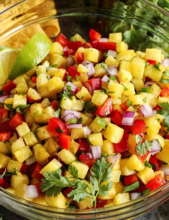 close-up photo of homemade salsa made with pineapple