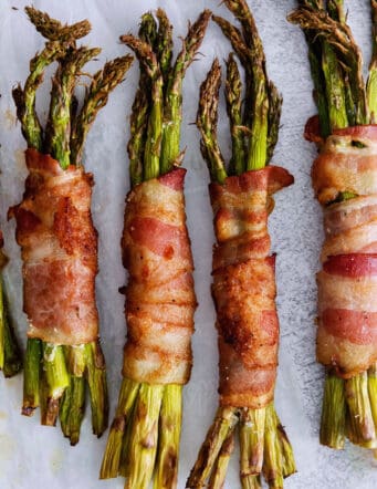Overhead views of bundles of bacon wrapped asparagus