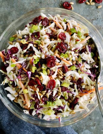 Overhead view of a bowl of cranberry coleslaw