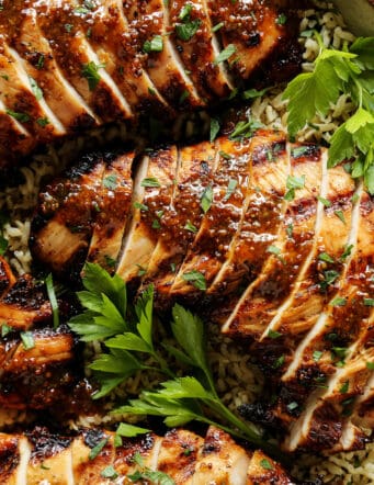 turkey tenderloins that are grilled and sliced, with a brown sugar and whole grain mustard sauce