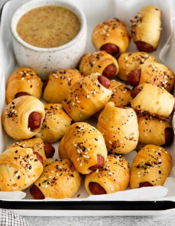Overhead view of everything bagel pigs in a blanket