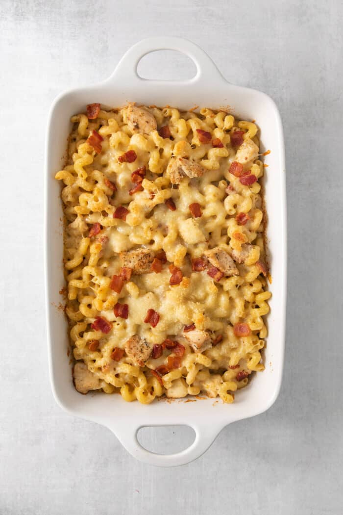A baked dish of chicken ranch pasta.