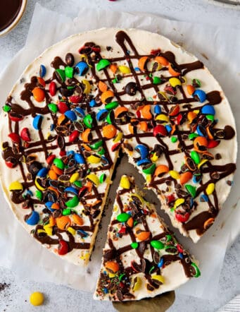 Overhead view of a slice of ice cream pizza being served