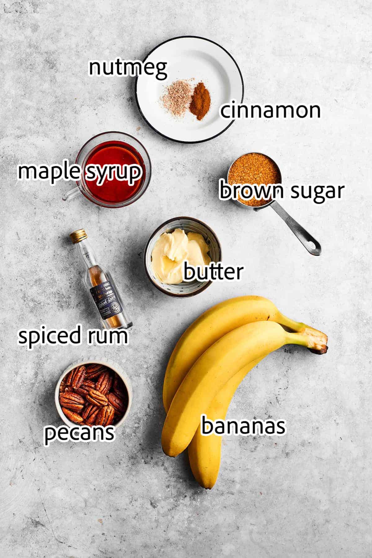 ingredients for the banana sauce portion of Bananas Foster French Toast