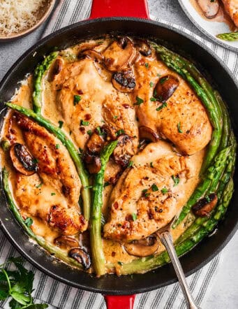 overhead photo of Chicken Madeira in a skillet
