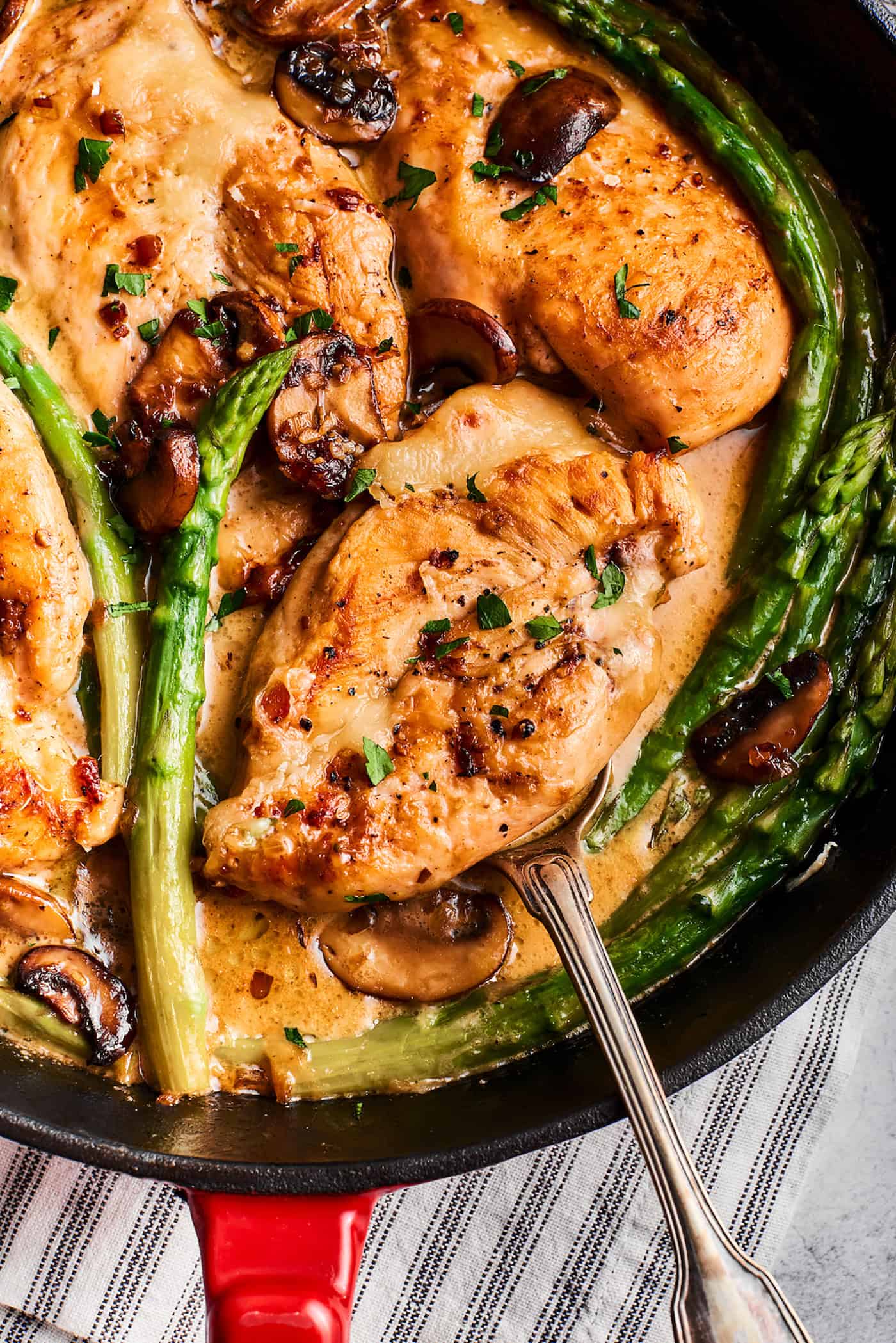 overhead photo of Chicken Madeira in a skillet