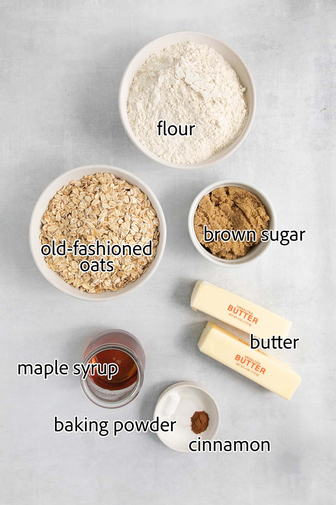 The crumble ingredients are shown labelled: oats, flour, maple syrup, butter, brown sugar, baking powder, cinnamon.