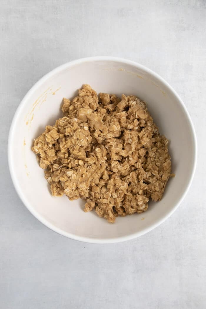 Butter is mixed into the crumble mix.