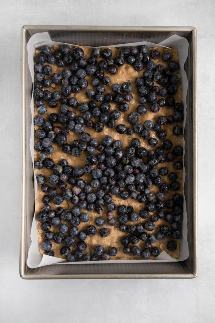 Blueberries are scattered on top of the shortbread oat layer.