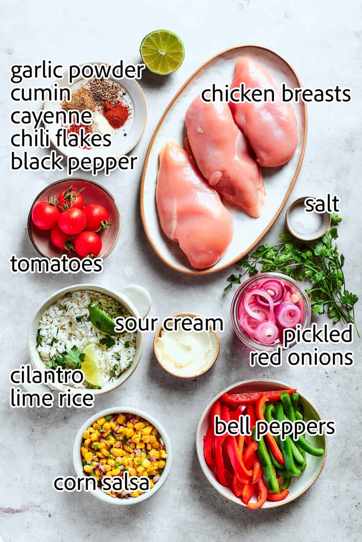 ingredients to make chicken fajita bowls