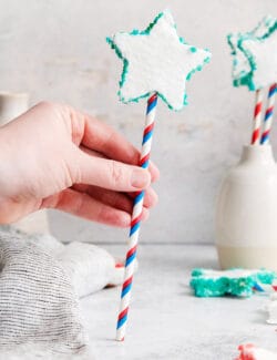 A hand holds a Patriotic Marshmallow Pop.