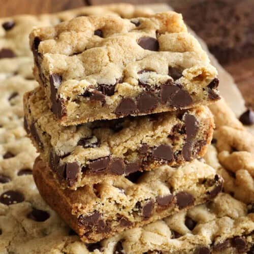 a stack of chocolate chip cookie bars